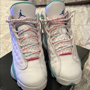 Air Jordan 13 Sneakers in White with Teal and Pink Accents